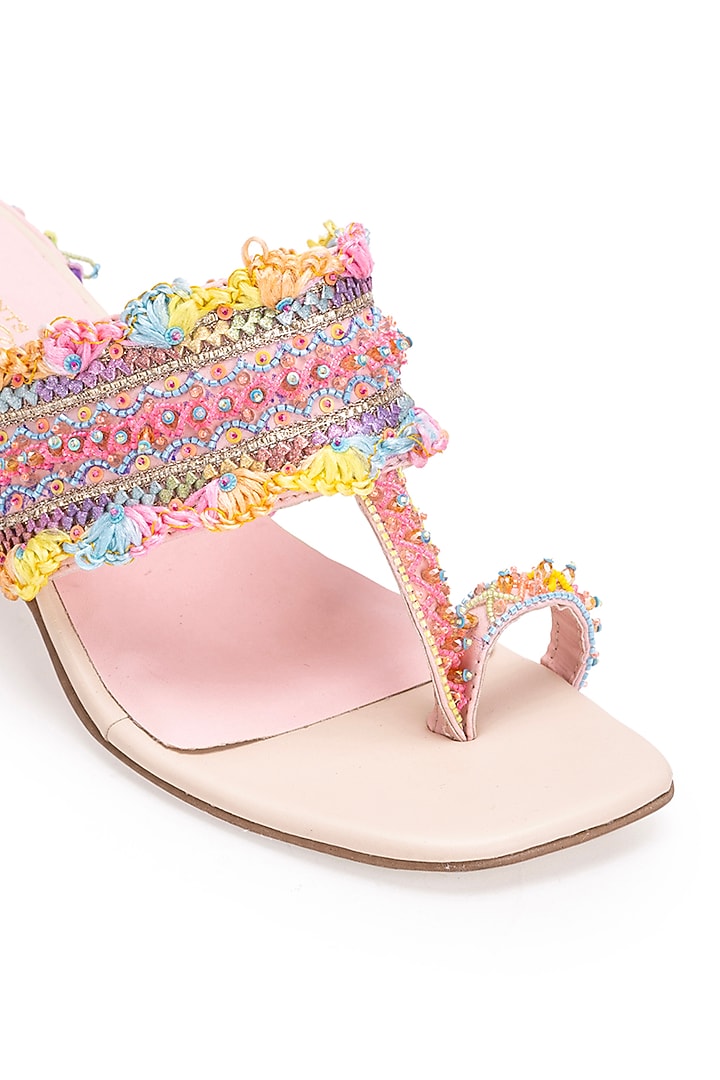Peach Leatherette Stone Embroidered Kolhapuri Heels by 5 Elements at Pernia's Pop Up Shop