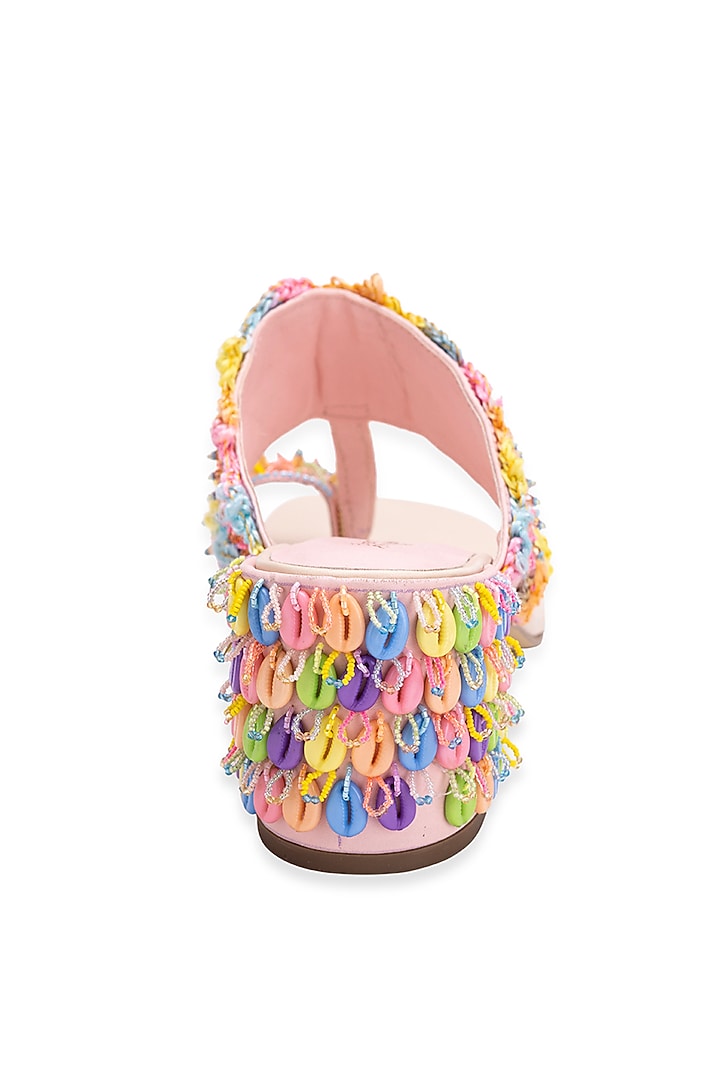 Peach Leatherette Stone Embroidered Kolhapuri Heels by 5 Elements at Pernia's Pop Up Shop