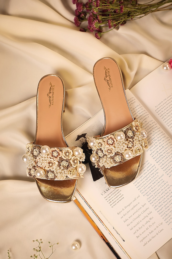 Gold Leatherette Stone Embroidered Heels by 5 Elements