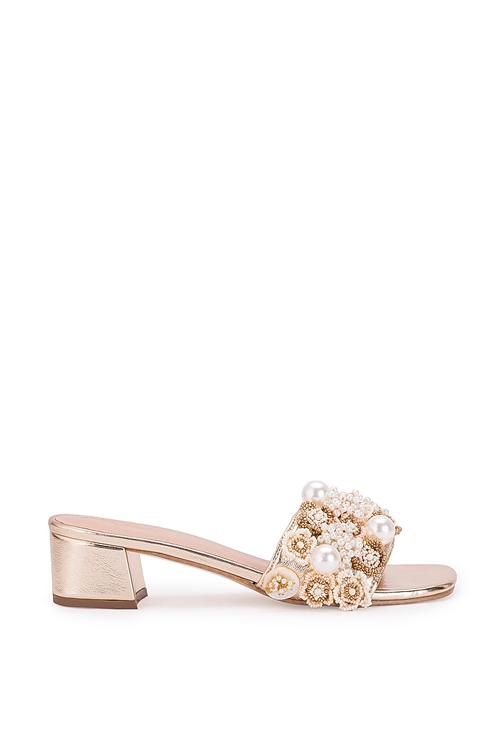 Gold Leatherette Stone Embroidered Heels by 5 Elements at Pernia's Pop Up Shop
