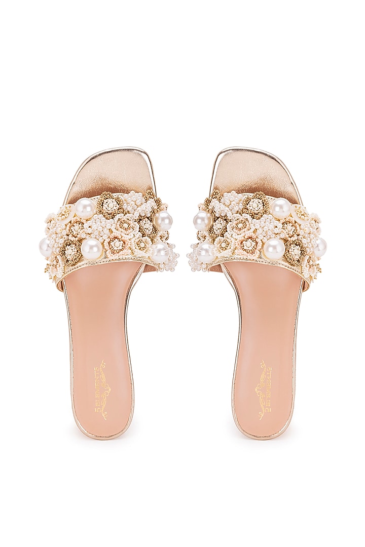 Gold Leatherette Stone Embroidered Heels by 5 Elements at Pernia's Pop Up Shop