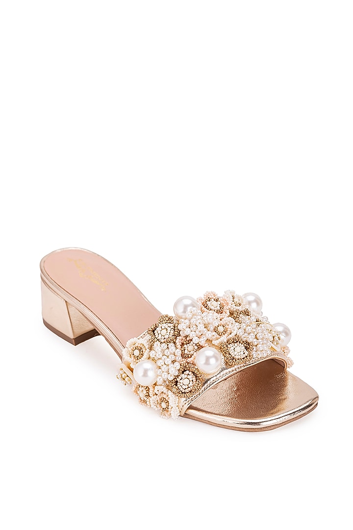 Gold Leatherette Stone Embroidered Heels by 5 Elements at Pernia's Pop Up Shop