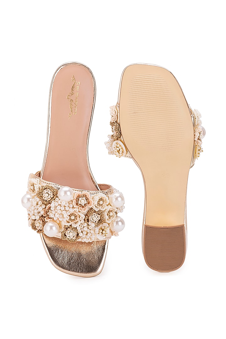 Gold Leatherette Stone Embroidered Heels by 5 Elements at Pernia's Pop Up Shop