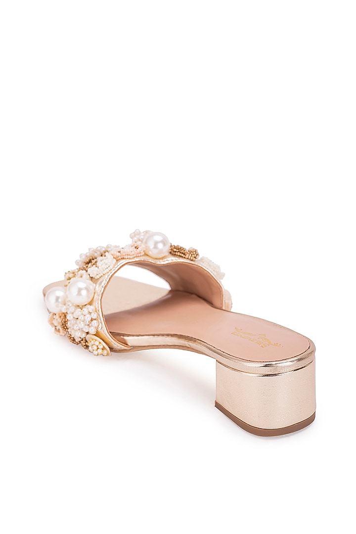 Gold Leatherette Stone Embroidered Heels by 5 Elements at Pernia's Pop Up Shop