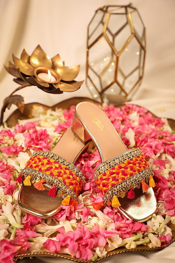 Gold Leatherette Thread Embroidered Heels by 5 Elements