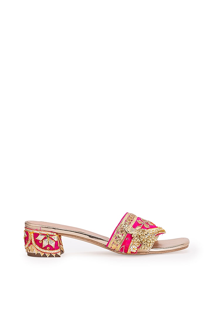 Gold Leatherette Gota Embroidered Heels by 5 Elements at Pernia's Pop Up Shop