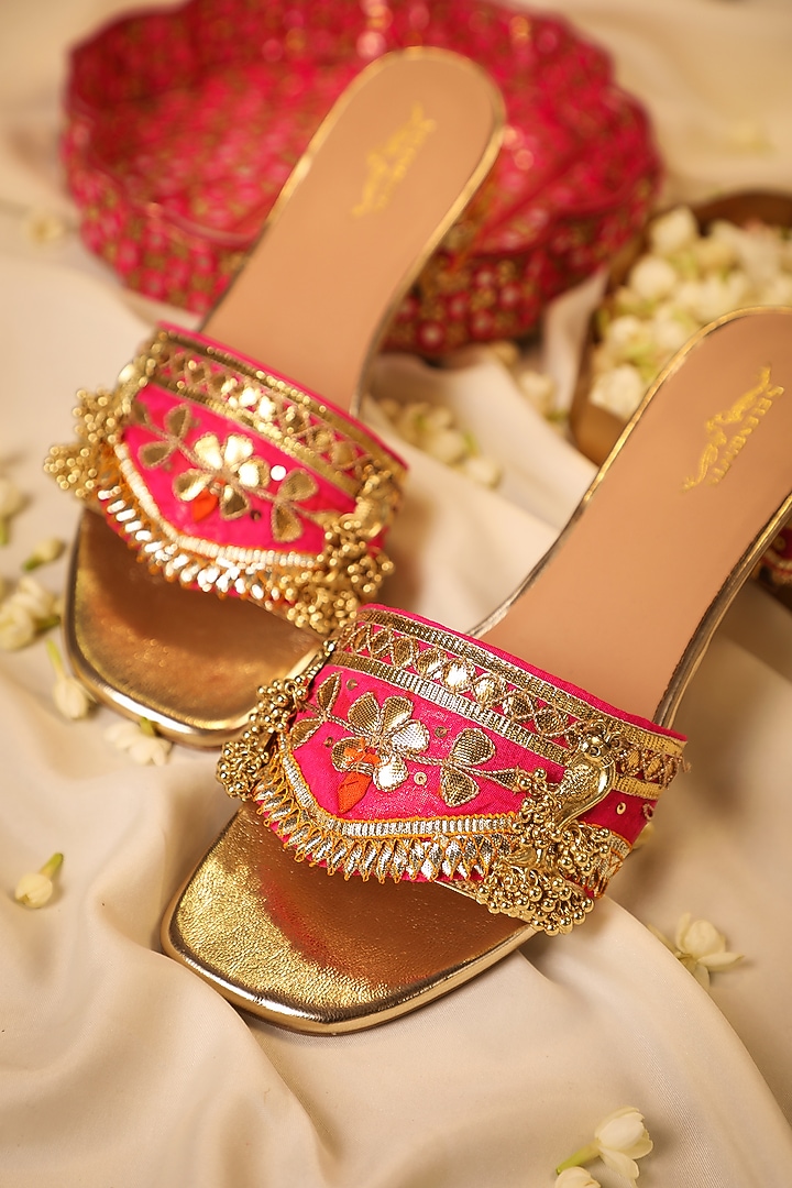 Gold Leatherette Gota Embroidered Heels by 5 Elements at Pernia's Pop Up Shop