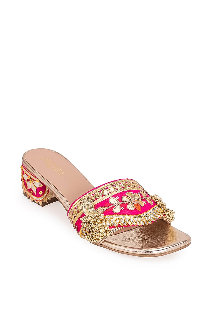 Gold Leatherette Gota Embroidered Heels by 5 Elements at Pernia's Pop Up Shop