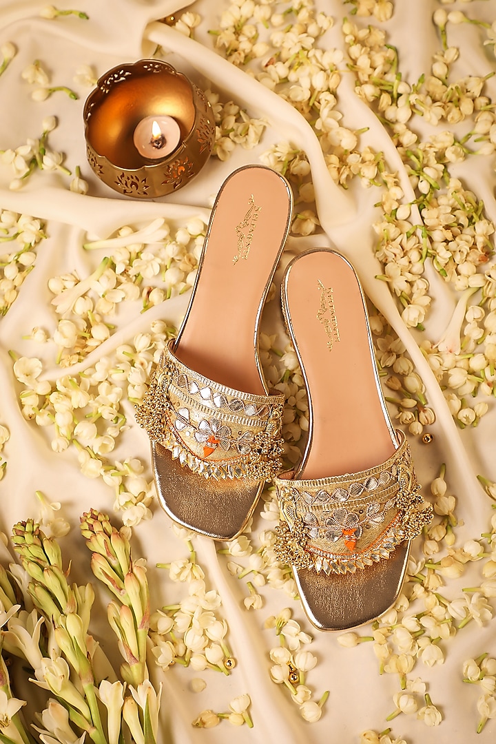 Gold Leatherette Gota Embroidered Heels by 5 Elements