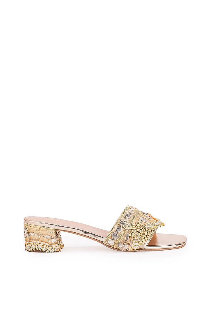 Gold Leatherette Gota Embroidered Heels by 5 Elements at Pernia's Pop Up Shop