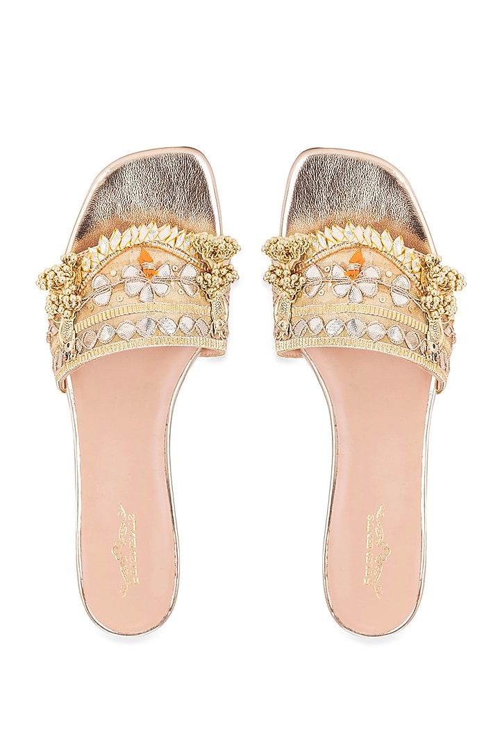 Gold Leatherette Gota Embroidered Heels by 5 Elements at Pernia's Pop Up Shop