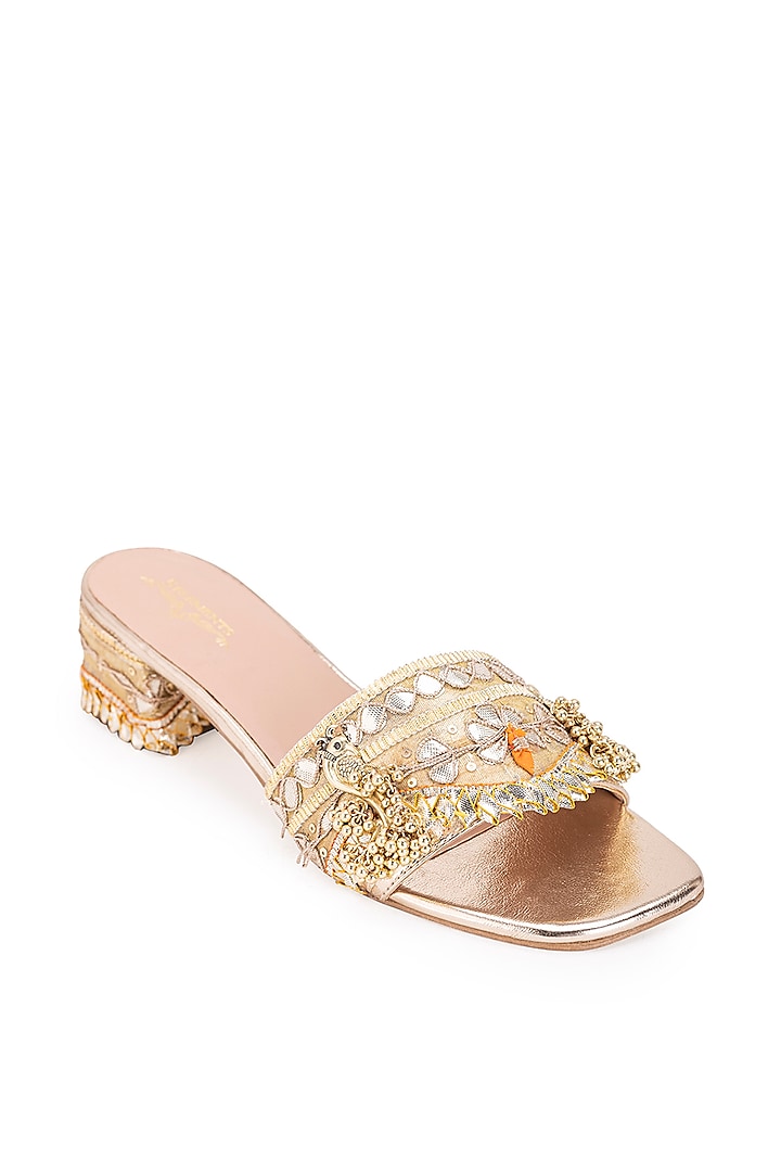 Gold Leatherette Gota Embroidered Heels by 5 Elements at Pernia's Pop Up Shop