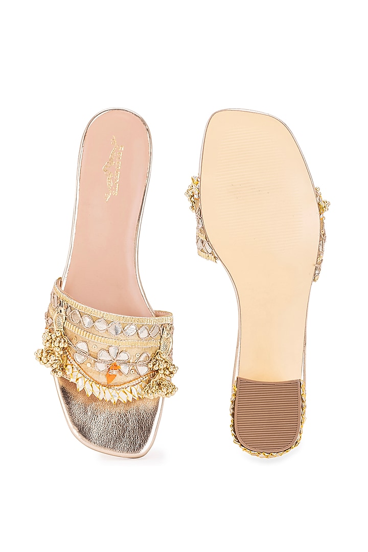 Gold Leatherette Gota Embroidered Heels by 5 Elements at Pernia's Pop Up Shop