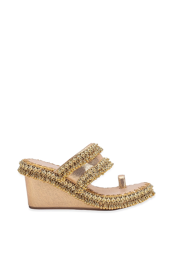Gold Leatherette Ghungroo Embroidered Heels by 5 Elements at Pernia's Pop Up Shop