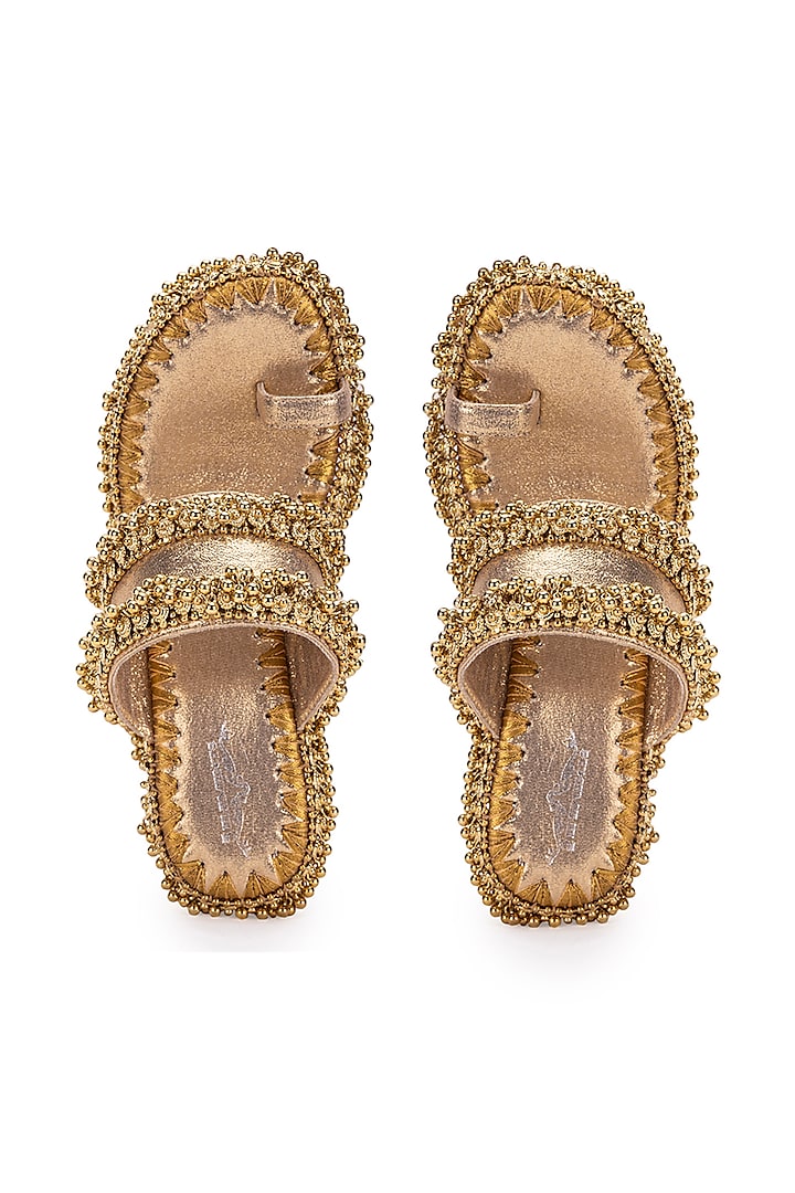 Gold Leatherette Ghungroo Embroidered Heels by 5 Elements at Pernia's Pop Up Shop