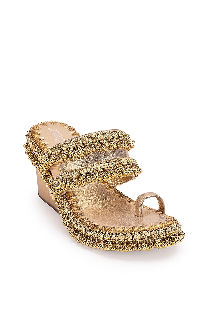 Gold Leatherette Ghungroo Embroidered Heels by 5 Elements at Pernia's Pop Up Shop