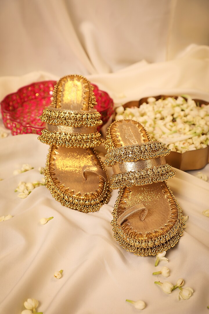 Gold Leatherette Ghungroo Embroidered Heels by 5 Elements at Pernia's Pop Up Shop