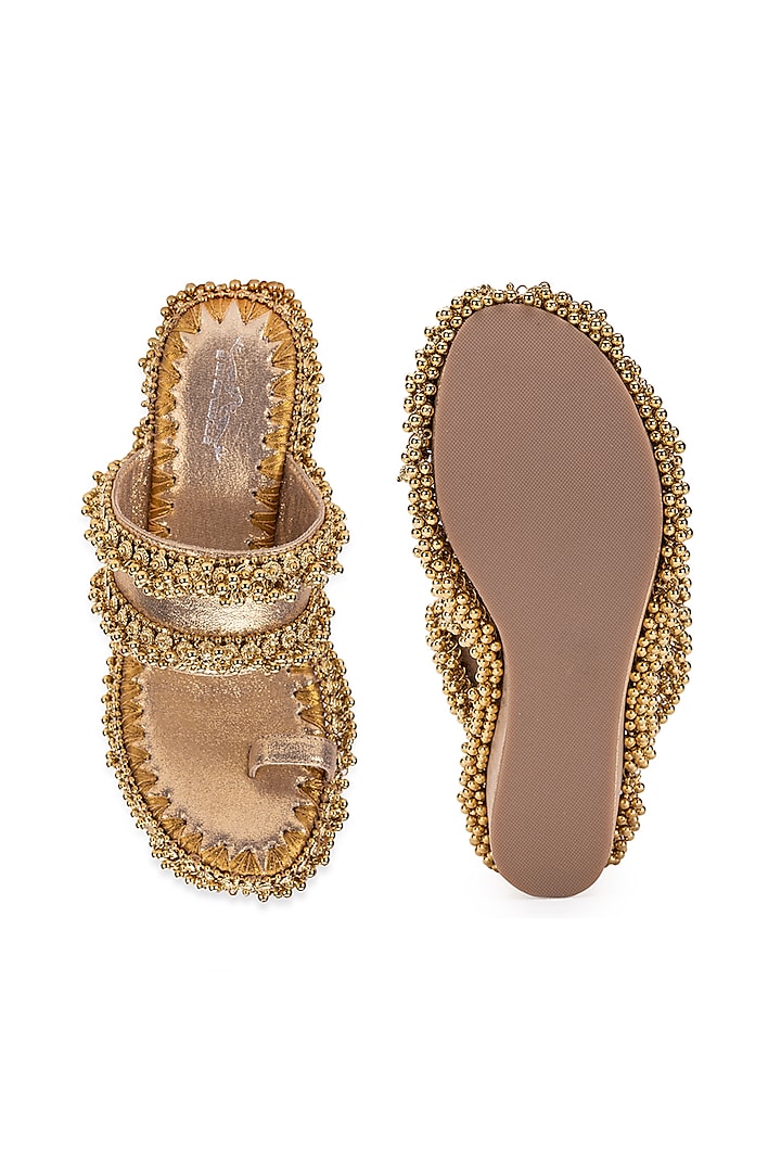 Gold Leatherette Ghungroo Embroidered Heels by 5 Elements at Pernia's Pop Up Shop