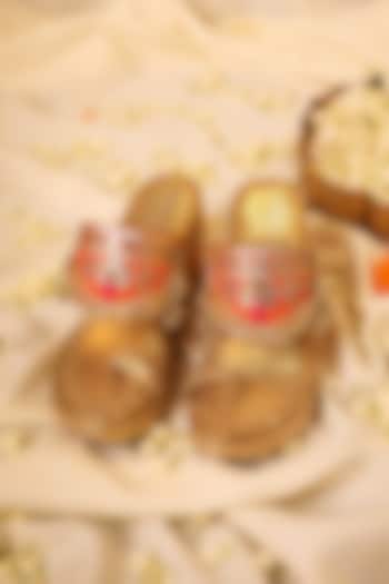 Gold Leatherette Metallic Gota Embroidered Heels by 5 Elements at Pernia's Pop Up Shop