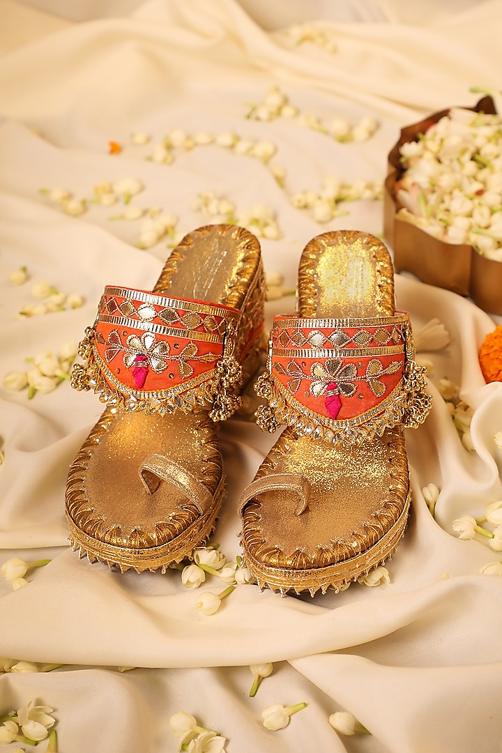 Gold Leatherette Metallic Gota Embroidered Heels by 5 Elements at Pernia's Pop Up Shop