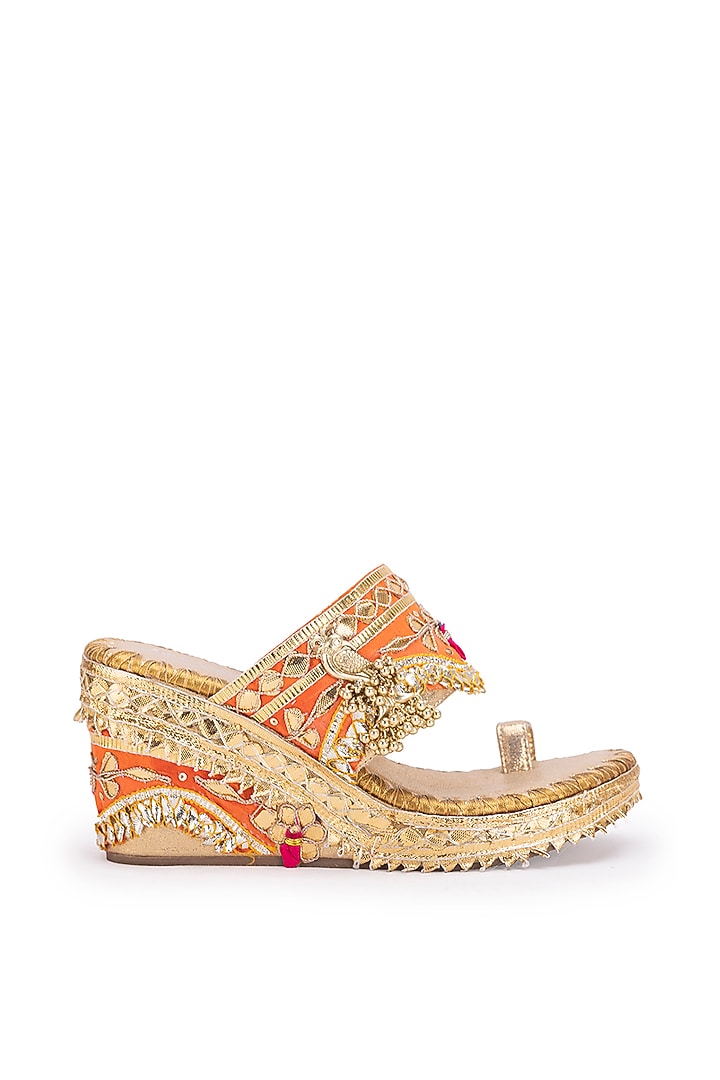 Gold Leatherette Metallic Gota Embroidered Heels by 5 Elements at Pernia's Pop Up Shop