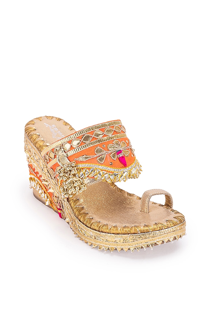 Gold Leatherette Metallic Gota Embroidered Heels by 5 Elements at Pernia's Pop Up Shop
