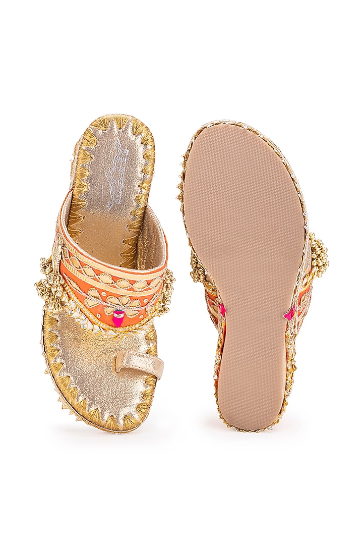 Gold Leatherette Metallic Gota Embroidered Heels by 5 Elements at Pernia's Pop Up Shop
