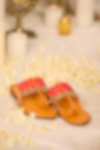 Mustard Leatherette Beads Embellished Kolhapuri by 5 Elements at Pernia's Pop Up Shop