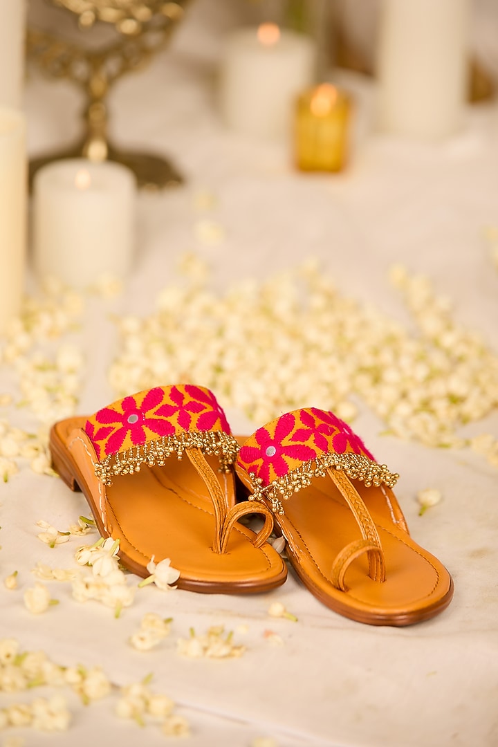 Mustard Leatherette Beads Embellished Kolhapuri by 5 Elements at Pernia's Pop Up Shop
