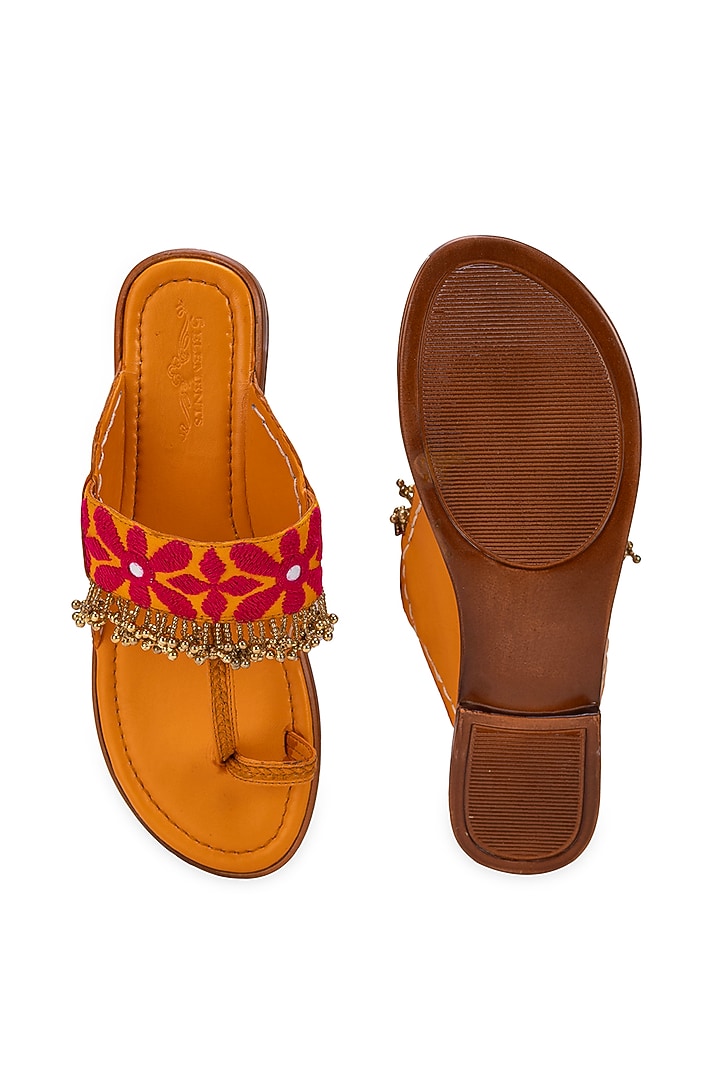 Mustard Leatherette Beads Embellished Kolhapuri by 5 Elements at Pernia's Pop Up Shop