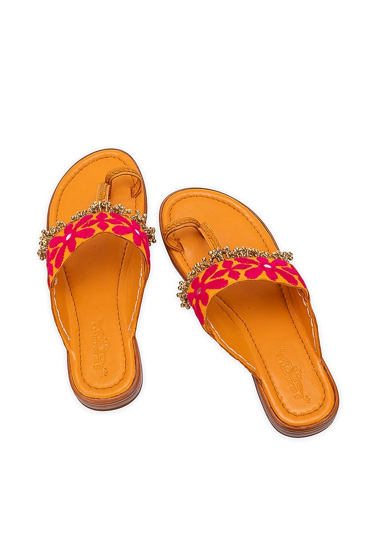 Mustard Leatherette Beads Embellished Kolhapuri by 5 Elements at Pernia's Pop Up Shop