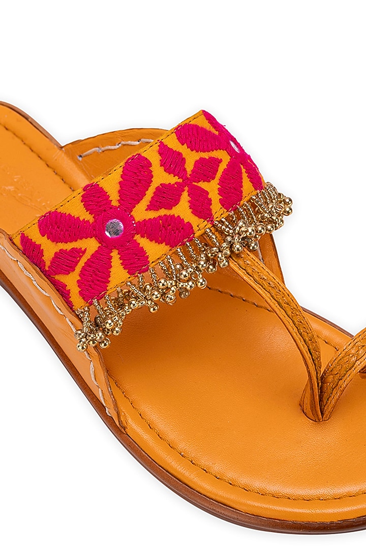 Mustard Leatherette Beads Embellished Kolhapuri by 5 Elements at Pernia's Pop Up Shop