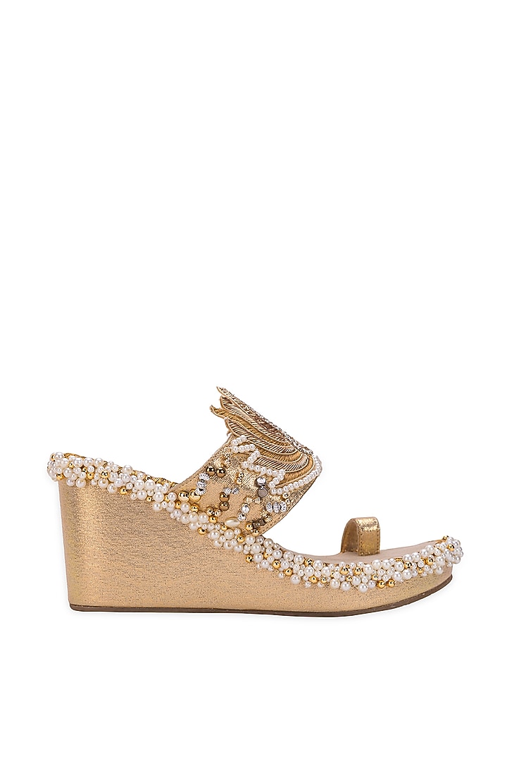 Gold Leatherette Pearl Embellished Wedges by 5 Elements at Pernia's Pop Up Shop