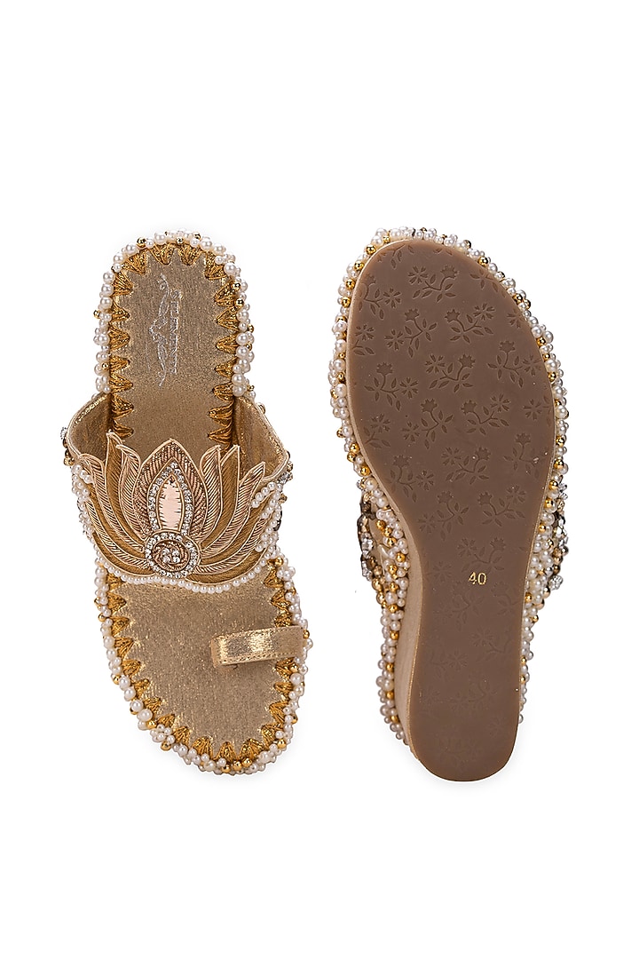 Gold Leatherette Pearl Embellished Wedges by 5 Elements at Pernia's Pop Up Shop