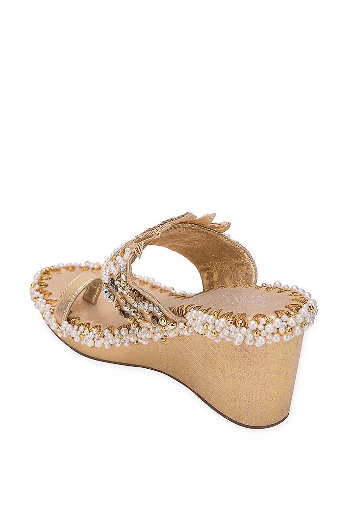 Gold Leatherette Pearl Embellished Wedges by 5 Elements at Pernia's Pop Up Shop