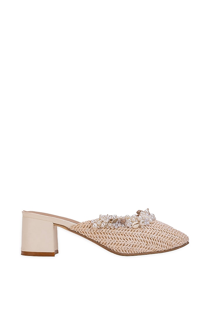Off-White Leatherette Floral Motif Embroidered Mule Heels by 5 Elements at Pernia's Pop Up Shop