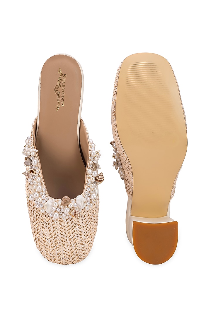 Off-White Leatherette Floral Motif Embroidered Mule Heels by 5 Elements at Pernia's Pop Up Shop