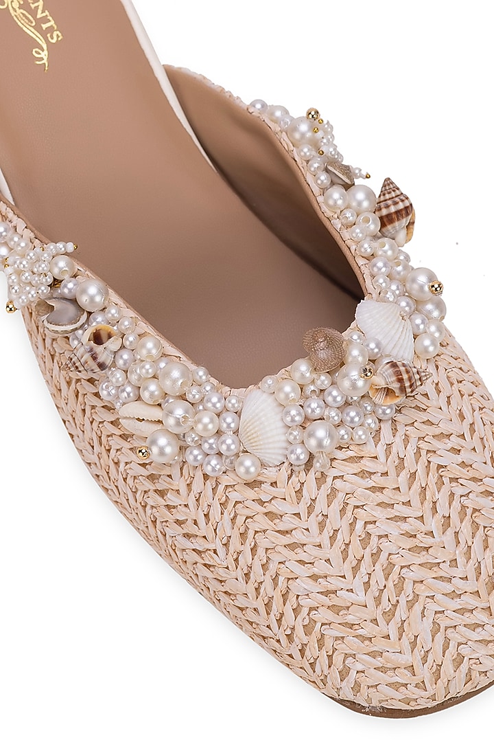 Off-White Leatherette Floral Motif Embroidered Mule Heels by 5 Elements at Pernia's Pop Up Shop