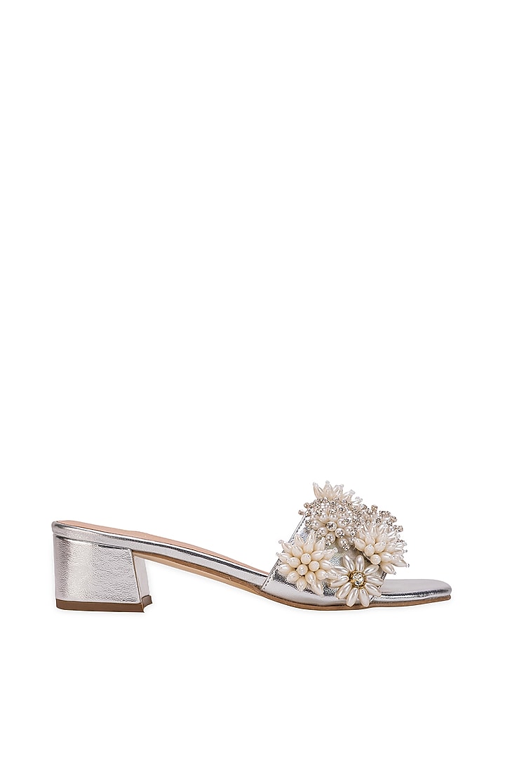 Silver Leatherette Floral Embellished Slider Heels by 5 Elements at Pernia's Pop Up Shop