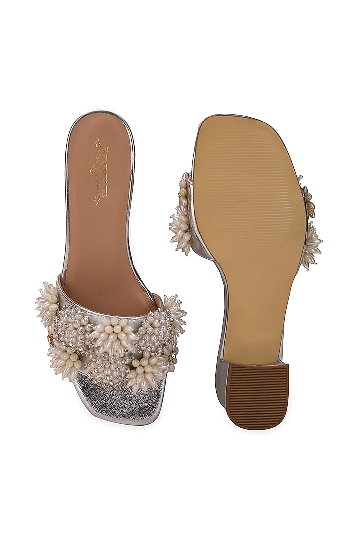 Silver Leatherette Floral Embellished Slider Heels by 5 Elements at Pernia's Pop Up Shop