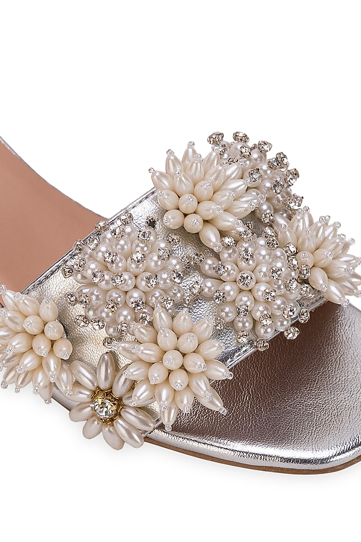 Silver Leatherette Floral Embellished Slider Heels by 5 Elements at Pernia's Pop Up Shop