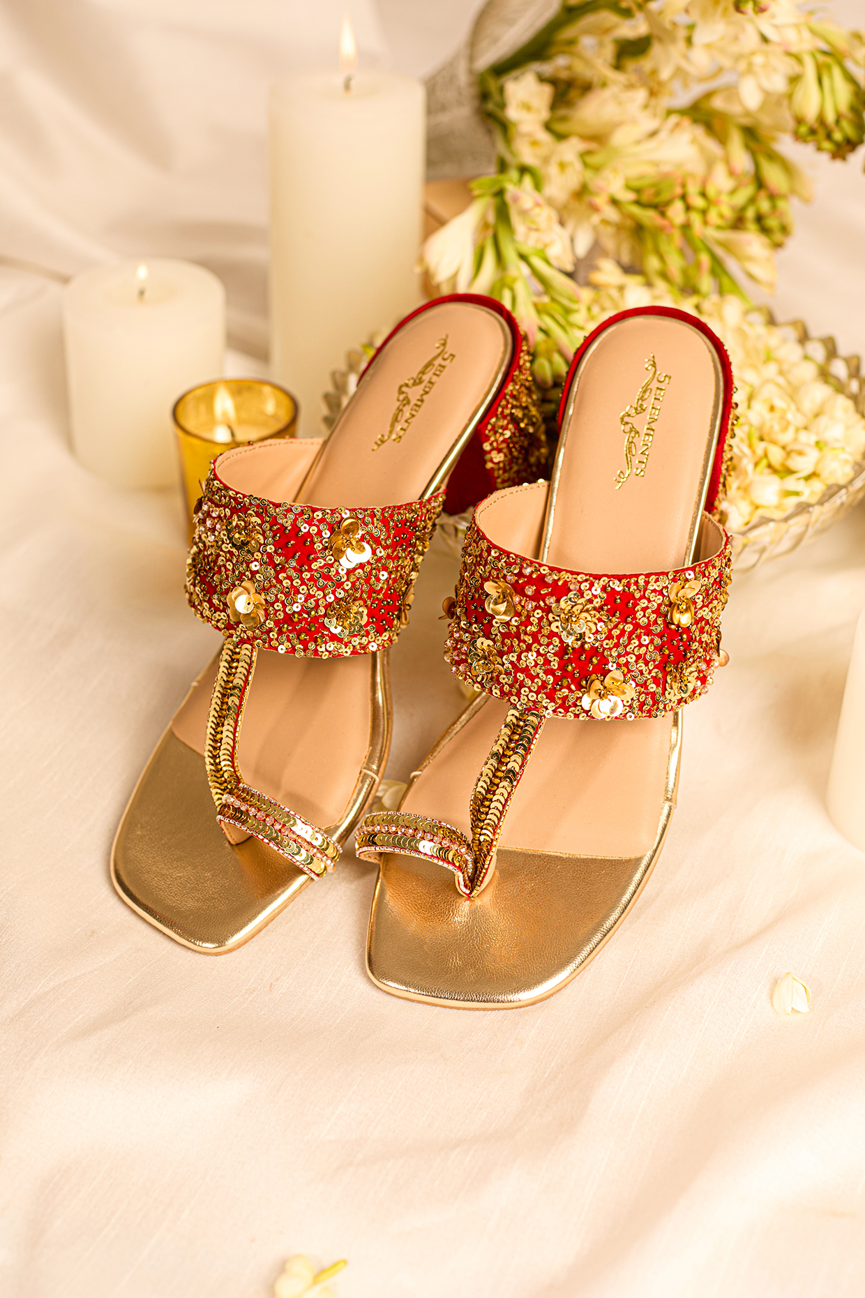 Red Leatherette Beads Embellished Kolhapuri by 5 Elements at Pernia's Pop Up Shop