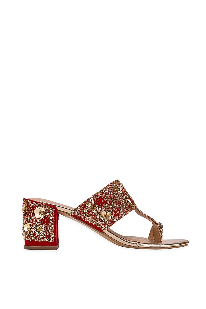 Red Leatherette Beads Embellished Kolhapuri by 5 Elements at Pernia's Pop Up Shop