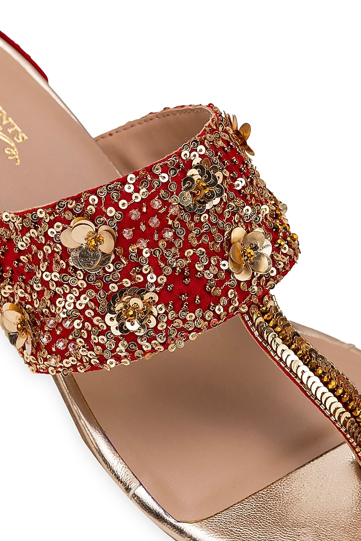 Red Leatherette Beads Embellished Kolhapuri by 5 Elements at Pernia's Pop Up Shop