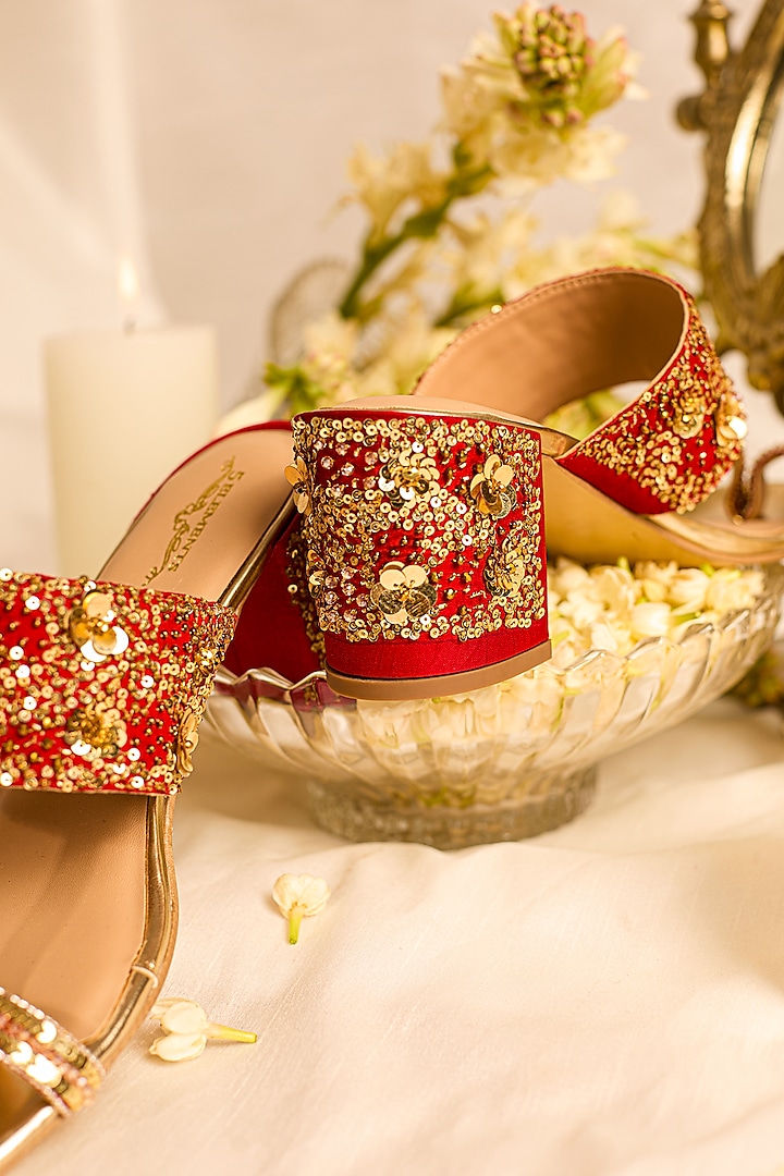 Red Leatherette Beads Embellished Kolhapuri by 5 Elements at Pernia's Pop Up Shop