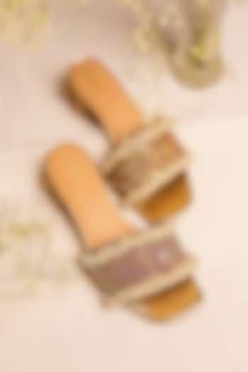 Gold Leatherette Hand Embroidered Slider Heels by 5 Elements at Pernia's Pop Up Shop