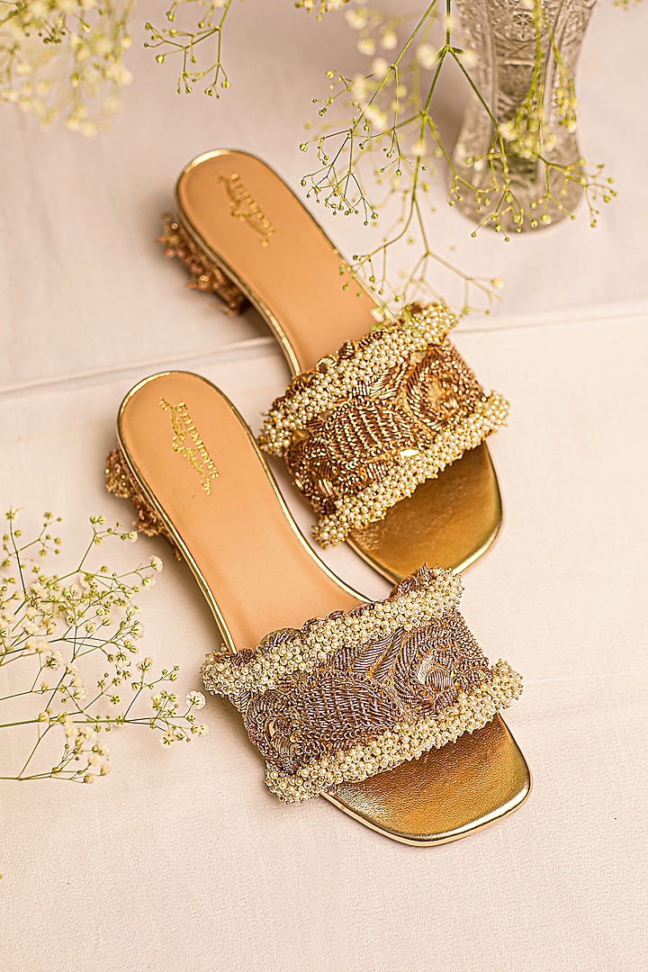 Gold Leatherette Hand Embroidered Slider Heels by 5 Elements at Pernia's Pop Up Shop