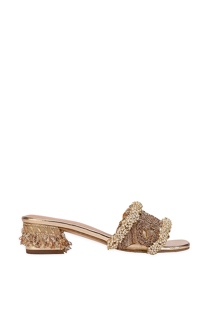 Gold Leatherette Hand Embroidered Slider Heels by 5 Elements at Pernia's Pop Up Shop