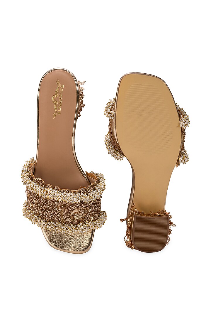Gold Leatherette Hand Embroidered Slider Heels by 5 Elements at Pernia's Pop Up Shop