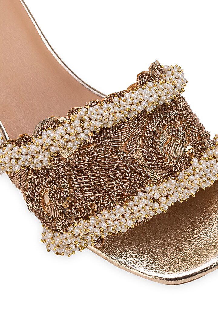 Gold Leatherette Hand Embroidered Slider Heels by 5 Elements at Pernia's Pop Up Shop